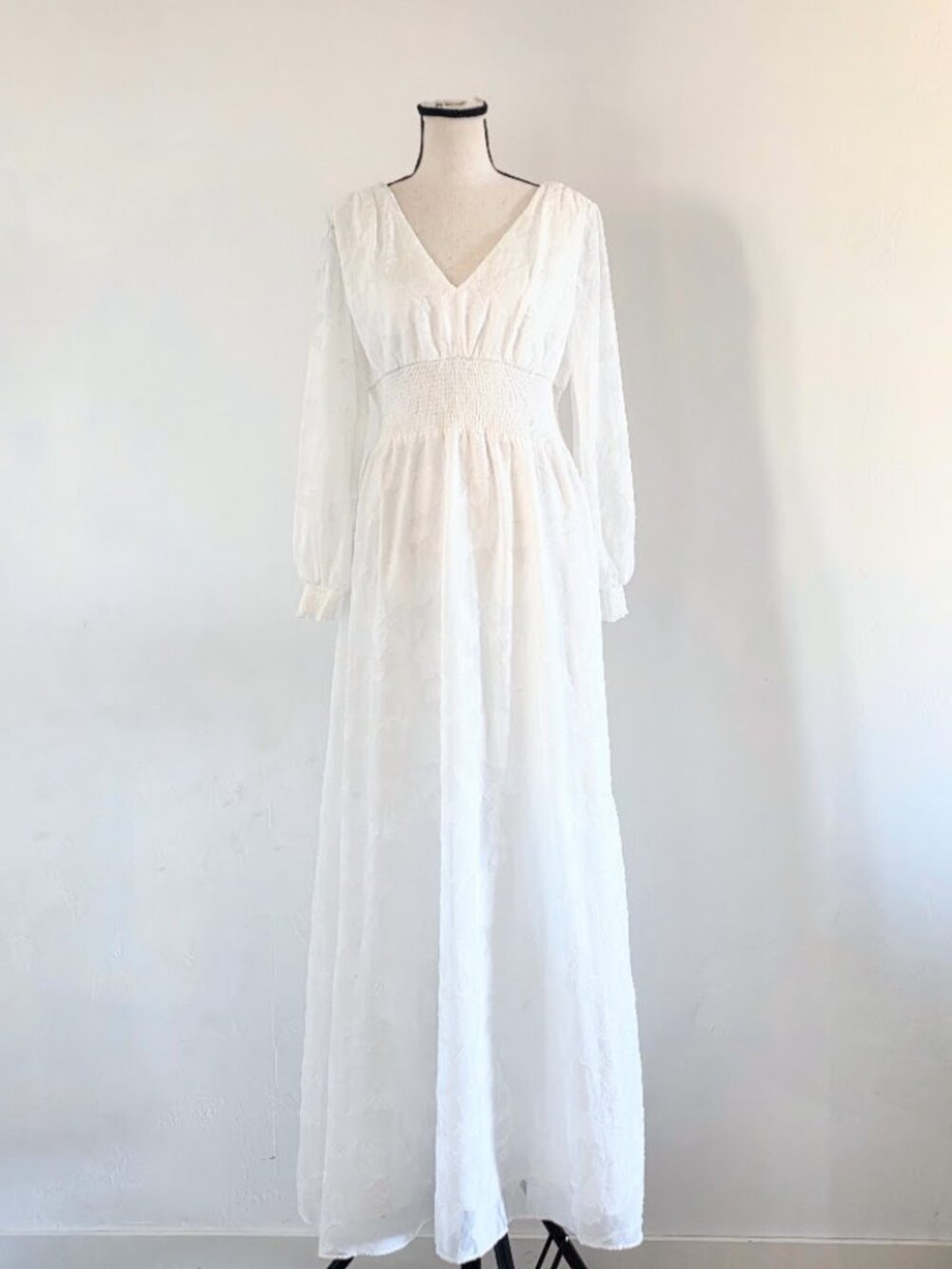 Adrianna Papell Boho Bridal White Chiffon Maxi Gown Smocked Waist
